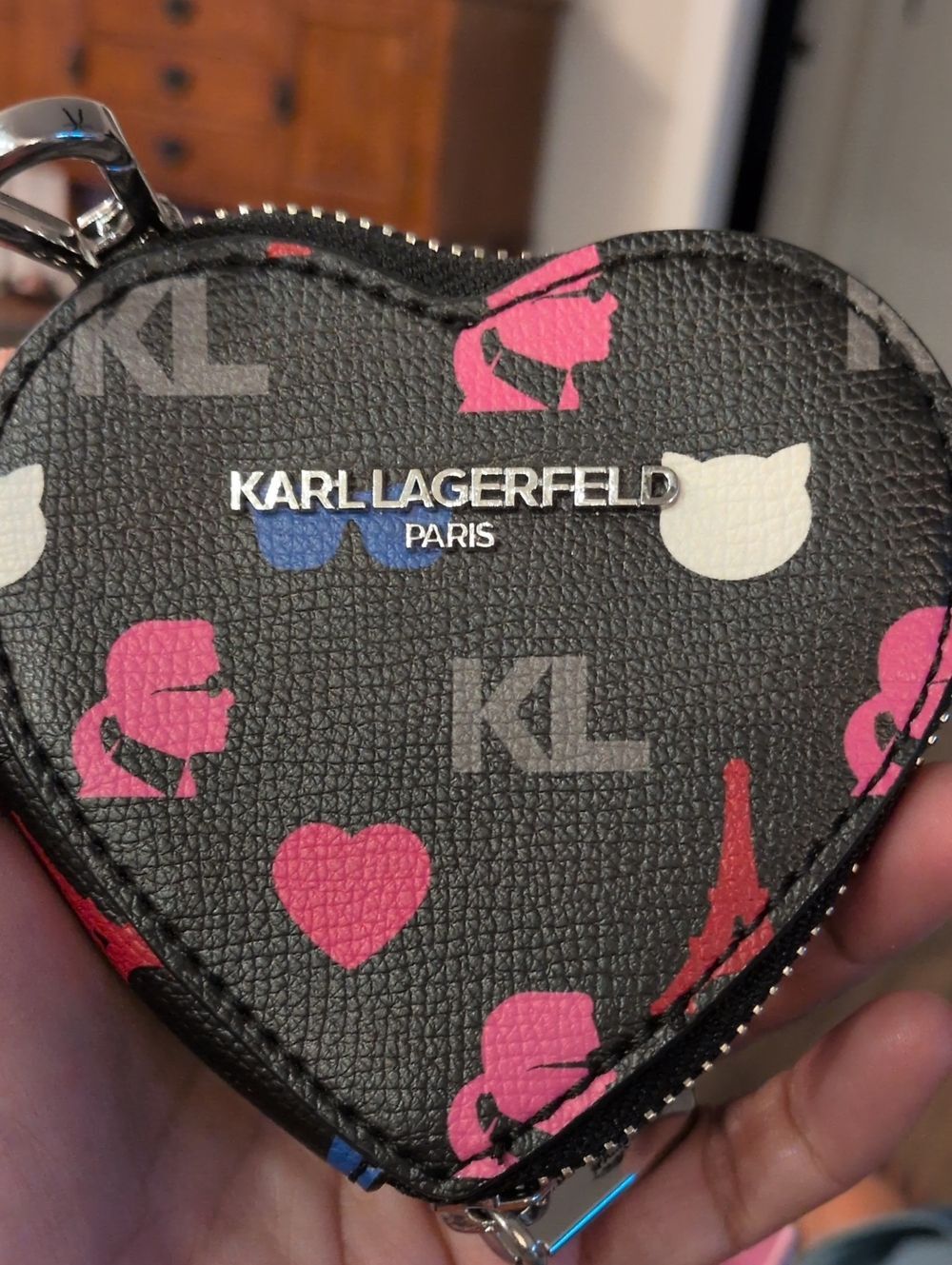 Karl Lagerfeld Heart Coin Pouch Black Pink Blue KL Logo Zip Wallet Card Holder